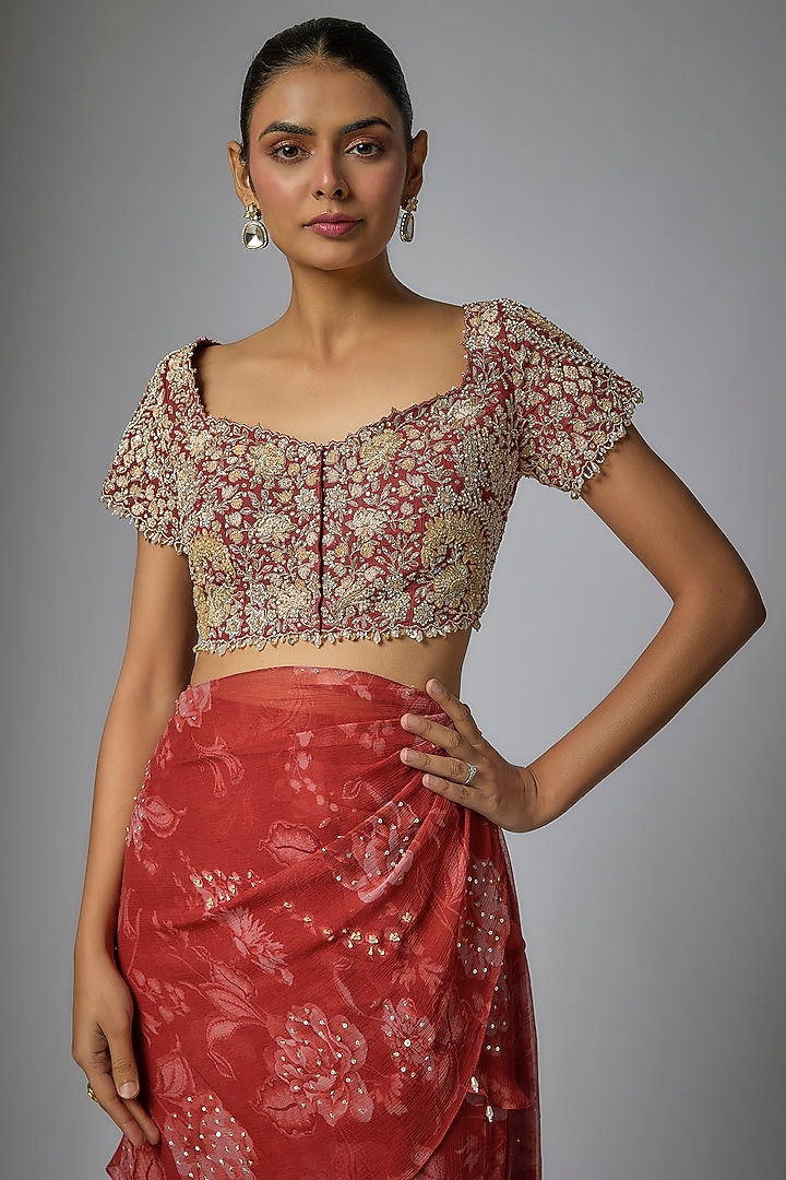 Red Viscose Chiffon Floral Printed Pre-Draped Ruffled Wedding Saree Set by Sana Barreja at Pernia's Pop Up Shop