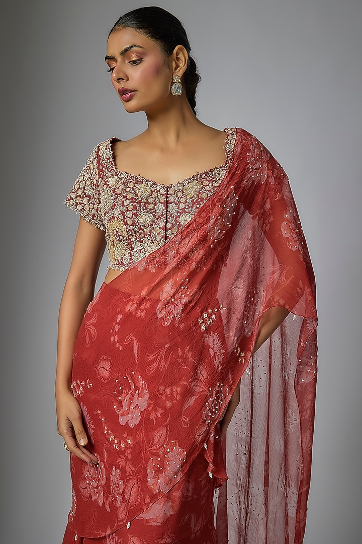 Red Viscose Chiffon Floral Printed Pre-Draped Ruffled Wedding Saree Set by Sana Barreja at Pernia's Pop Up Shop