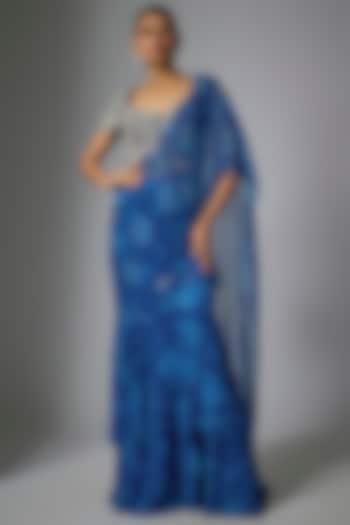 Blue Viscose Chiffon Floral Printed Pre-Draped Ruffled Wedding Saree Set by Sana Barreja at Pernia's Pop Up Shop