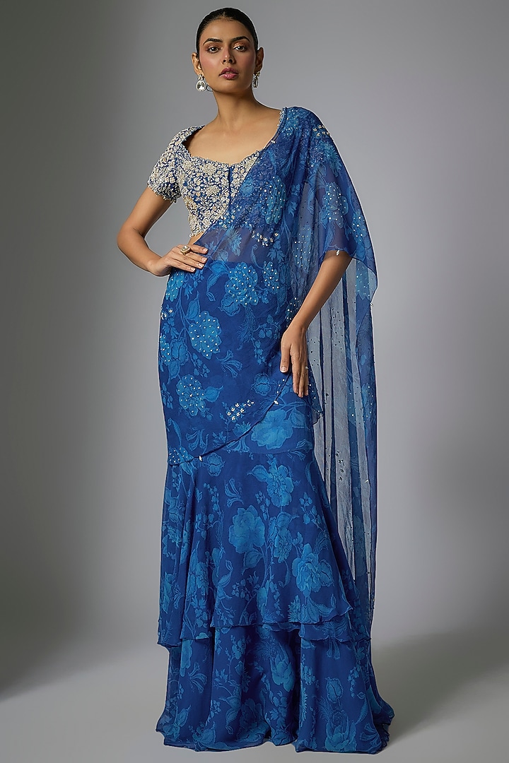 Blue Viscose Chiffon Floral Printed Pre-Draped Ruffled Wedding Saree Set by Sana Barreja at Pernia's Pop Up Shop