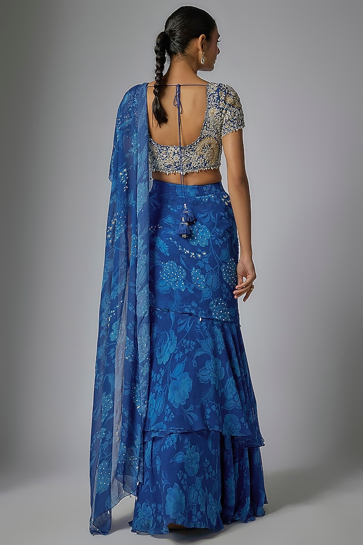 Blue Viscose Chiffon Floral Printed Pre-Draped Ruffled Wedding Saree Set by Sana Barreja at Pernia's Pop Up Shop