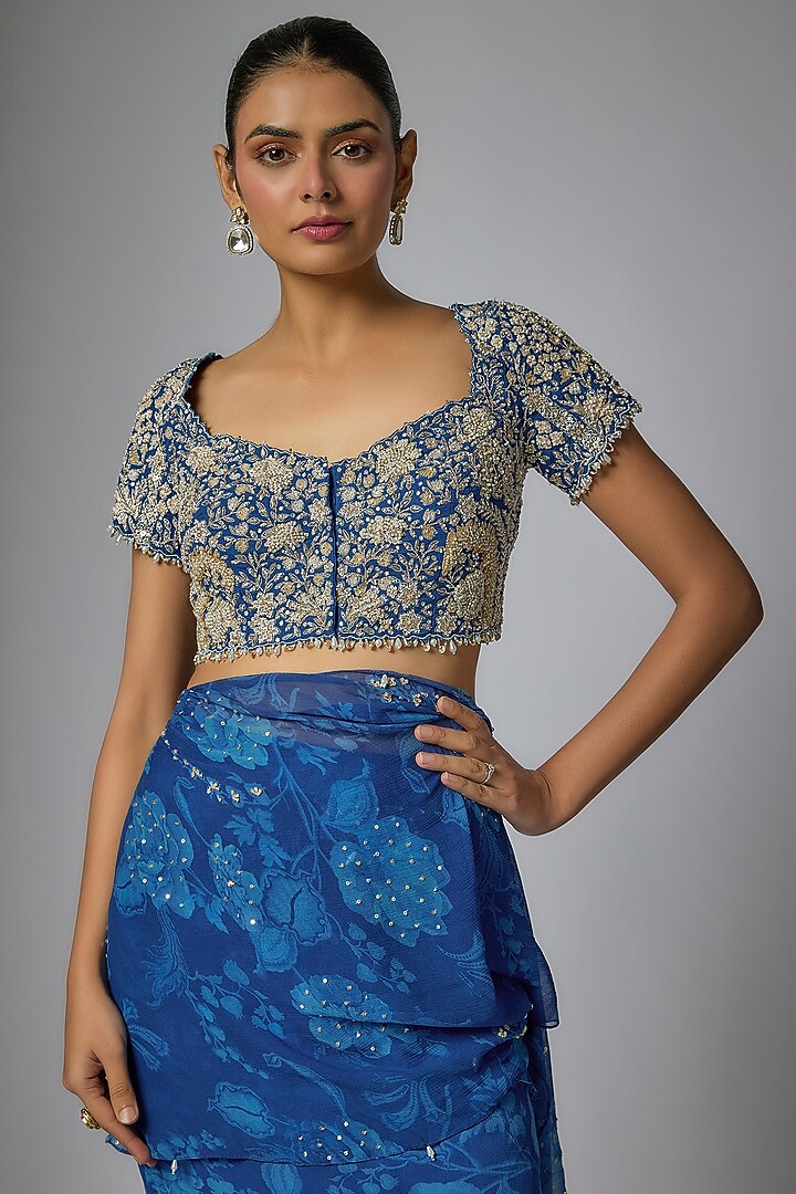 Blue Viscose Chiffon Floral Printed Pre-Draped Ruffled Wedding Saree Set by Sana Barreja at Pernia's Pop Up Shop