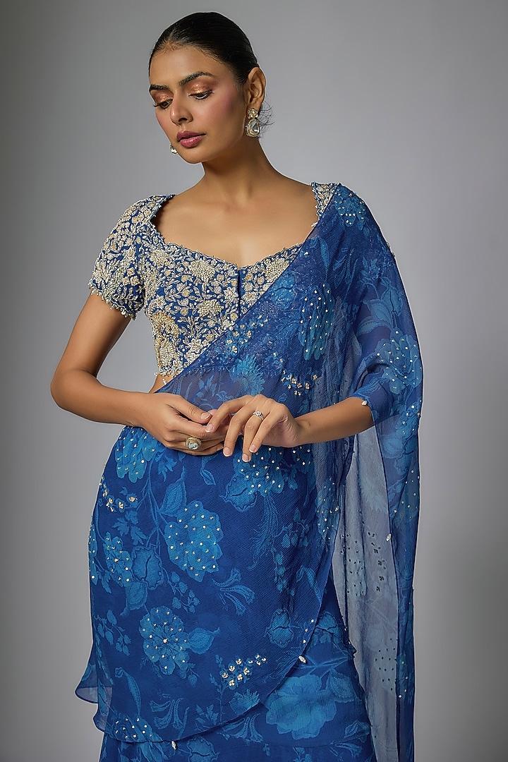 Blue Viscose Chiffon Floral Printed Pre-Draped Ruffled Wedding Saree Set by Sana Barreja at Pernia's Pop Up Shop