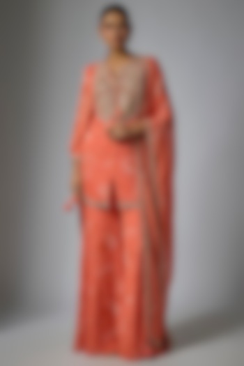 Coral Georgette Floral Printed Gharara Set by Sana Barreja at Pernia's Pop Up Shop