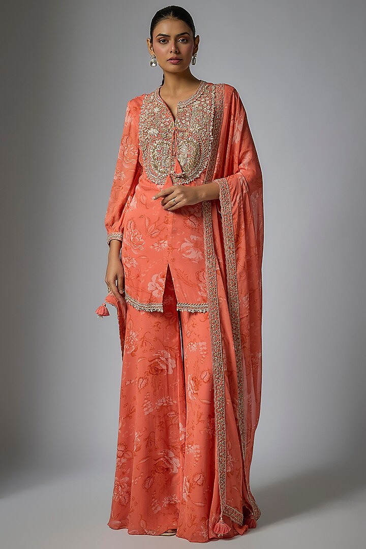 Coral Georgette Floral Printed Gharara Set by Sana Barreja at Pernia's Pop Up Shop