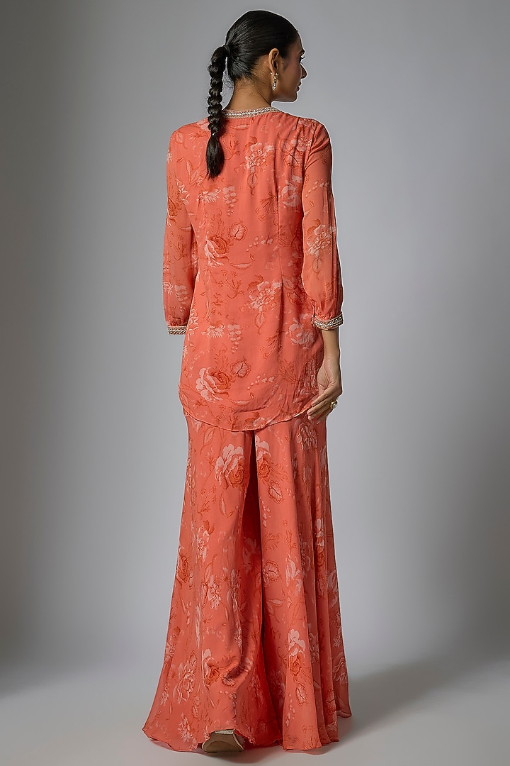 Coral Georgette Floral Printed Gharara Set by Sana Barreja at Pernia's Pop Up Shop