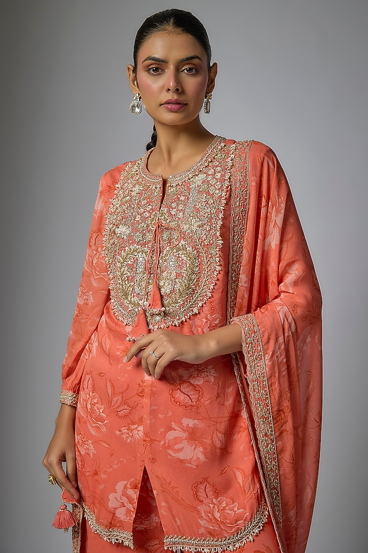 Coral Georgette Floral Printed Gharara Set by Sana Barreja at Pernia's Pop Up Shop