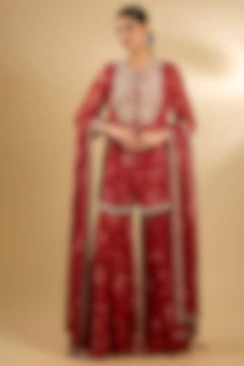 Red Pure Georgette Floral Printed Gharara Set by Sana Barreja at Pernia's Pop Up Shop