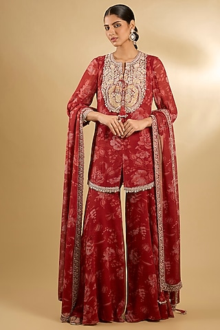 Red Pure Georgette Floral Printed Gharara Set by Sana Barreja