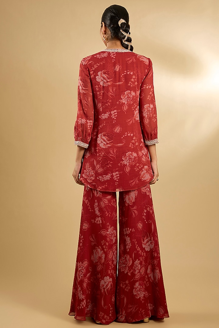 Red Pure Georgette Floral Printed Gharara Set by Sana Barreja at Pernia's Pop Up Shop