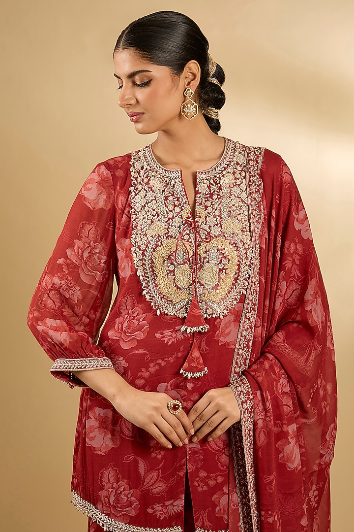 Red Pure Georgette Floral Printed Gharara Set by Sana Barreja at Pernia's Pop Up Shop
