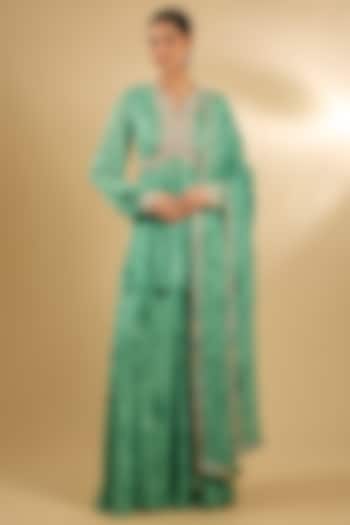 Green Pure Georgette Floral Printed Wedding Sharara Set by Sana Barreja at Pernia's Pop Up Shop