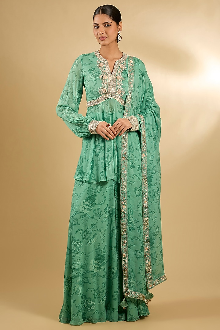 Green Pure Georgette Floral Printed Wedding Sharara Set by Sana Barreja at Pernia's Pop Up Shop