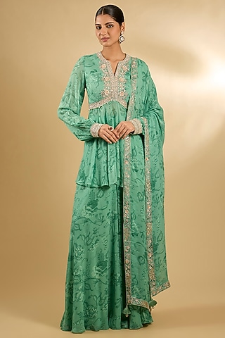 Green Pure Georgette Floral Printed Sharara Set by Sana Barreja