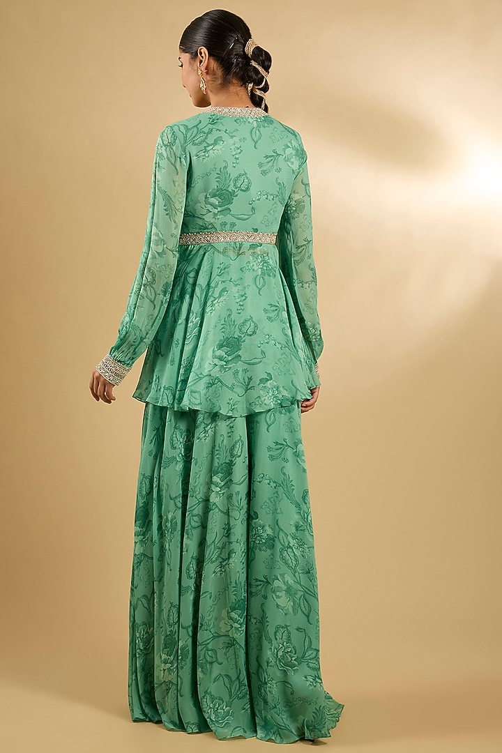 Green Pure Georgette Floral Printed Wedding Sharara Set by Sana Barreja at Pernia's Pop Up Shop