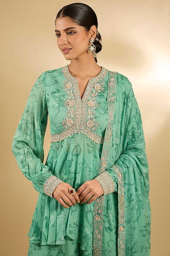 Green Pure Georgette Floral Printed Wedding Sharara Set by Sana Barreja at Pernia's Pop Up Shop