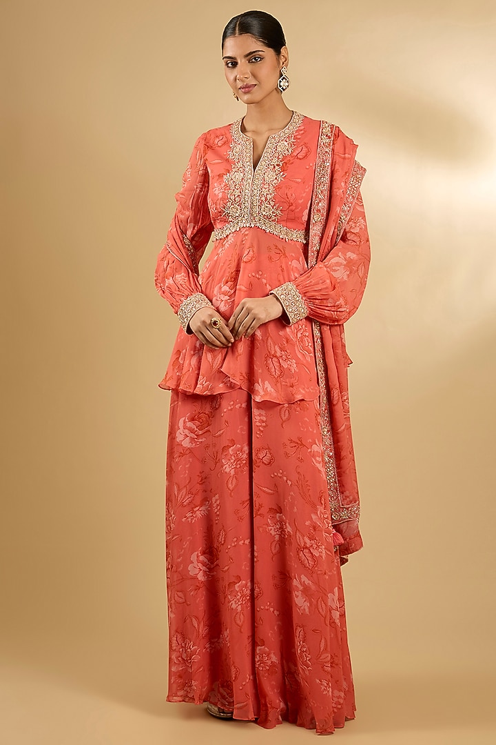 Coral Pure Georgette Floral Printed Wedding Sharara Set by Sana Barreja at Pernia's Pop Up Shop