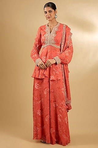 Coral Pure Georgette Floral Printed Sharara Set by Sana Barreja