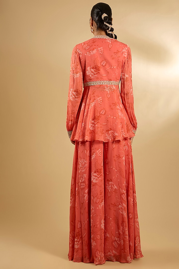 Coral Pure Georgette Floral Printed Wedding Sharara Set by Sana Barreja at Pernia's Pop Up Shop