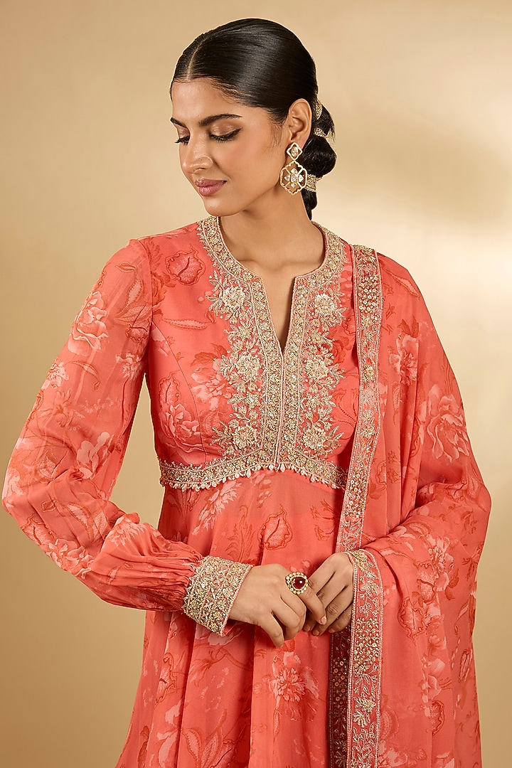 Coral Pure Georgette Floral Printed Wedding Sharara Set by Sana Barreja at Pernia's Pop Up Shop