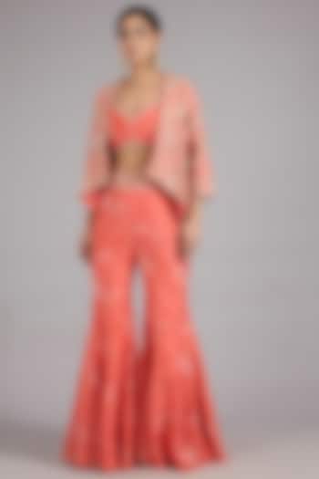 Coral Pure Chanderi Silk Hand Embroidered Jacket Set by Sana Barreja at Pernia's Pop Up Shop