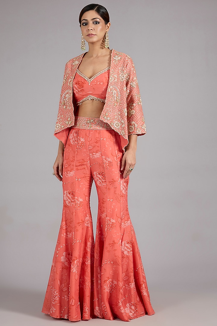 Coral Pure Chanderi Silk Hand Embroidered Jacket Set by Sana Barreja at Pernia's Pop Up Shop