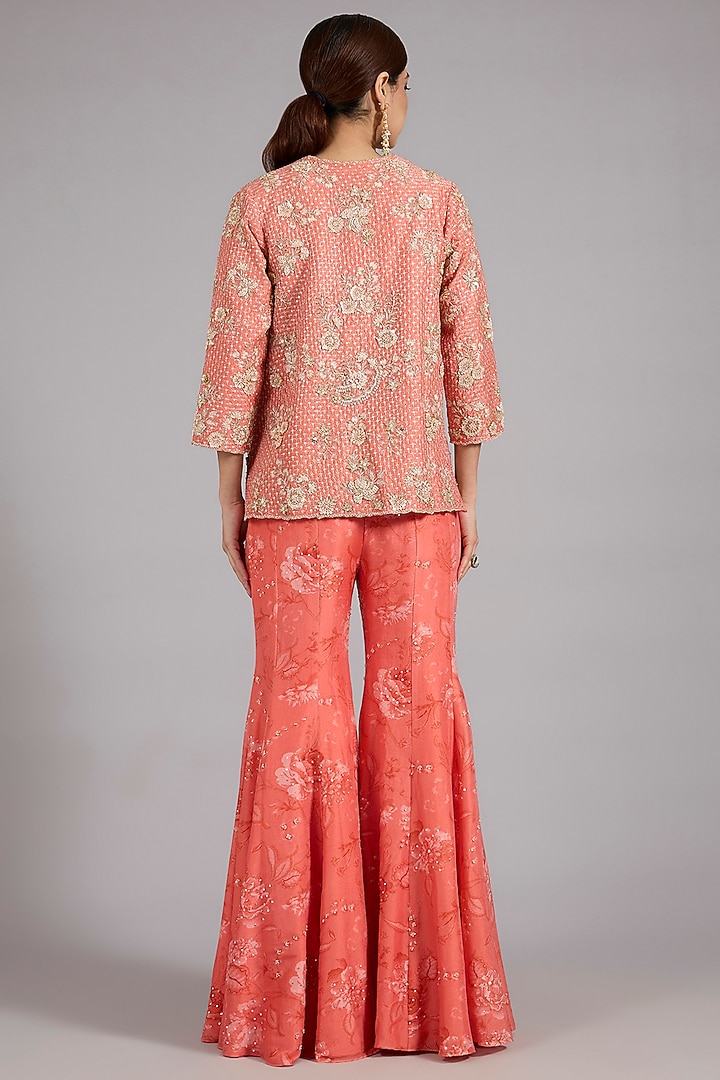 Coral Pure Chanderi Silk Hand Embroidered Jacket Set by Sana Barreja at Pernia's Pop Up Shop