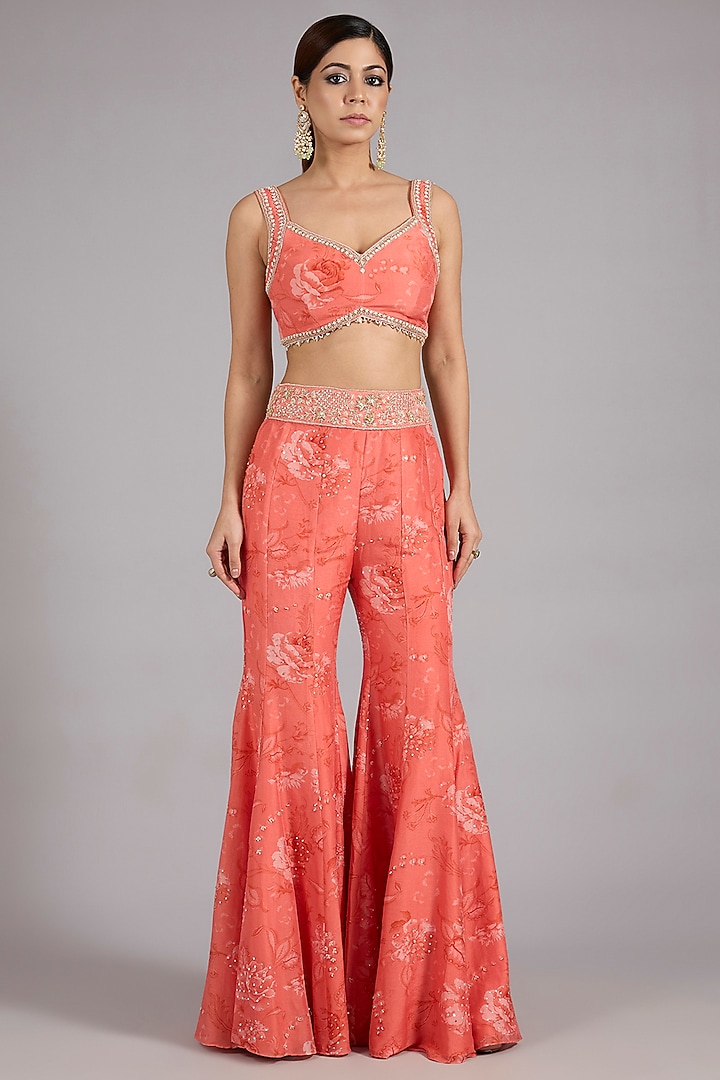 Coral Pure Chanderi Silk Hand Embroidered Jacket Set by Sana Barreja at Pernia's Pop Up Shop