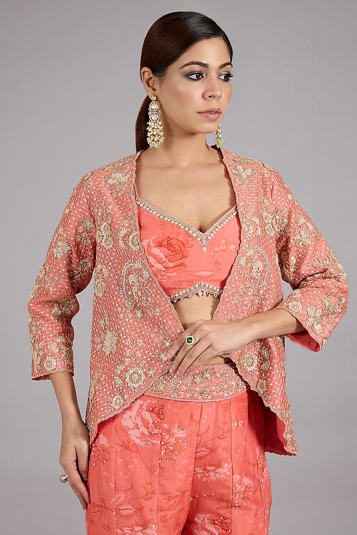 Coral Pure Chanderi Silk Hand Embroidered Jacket Set by Sana Barreja at Pernia's Pop Up Shop