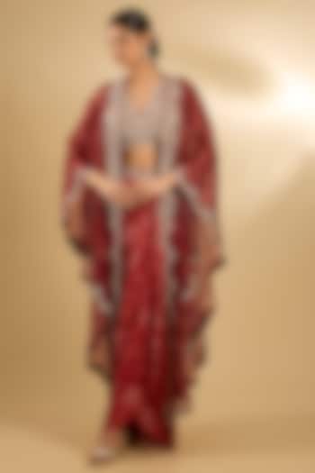 Red Pure Silk Organza Floral Printed Cape Set by Sana Barreja at Pernia's Pop Up Shop