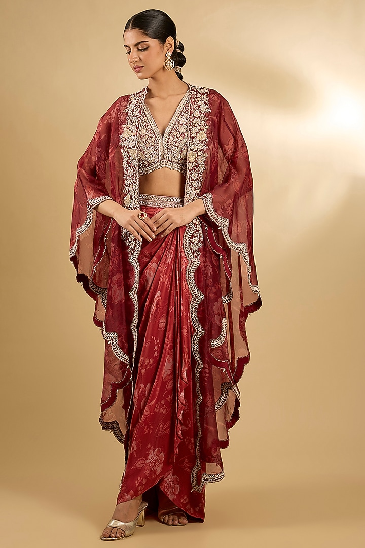 Red Pure Silk Organza Floral Printed Cape Set by Sana Barreja at Pernia's Pop Up Shop