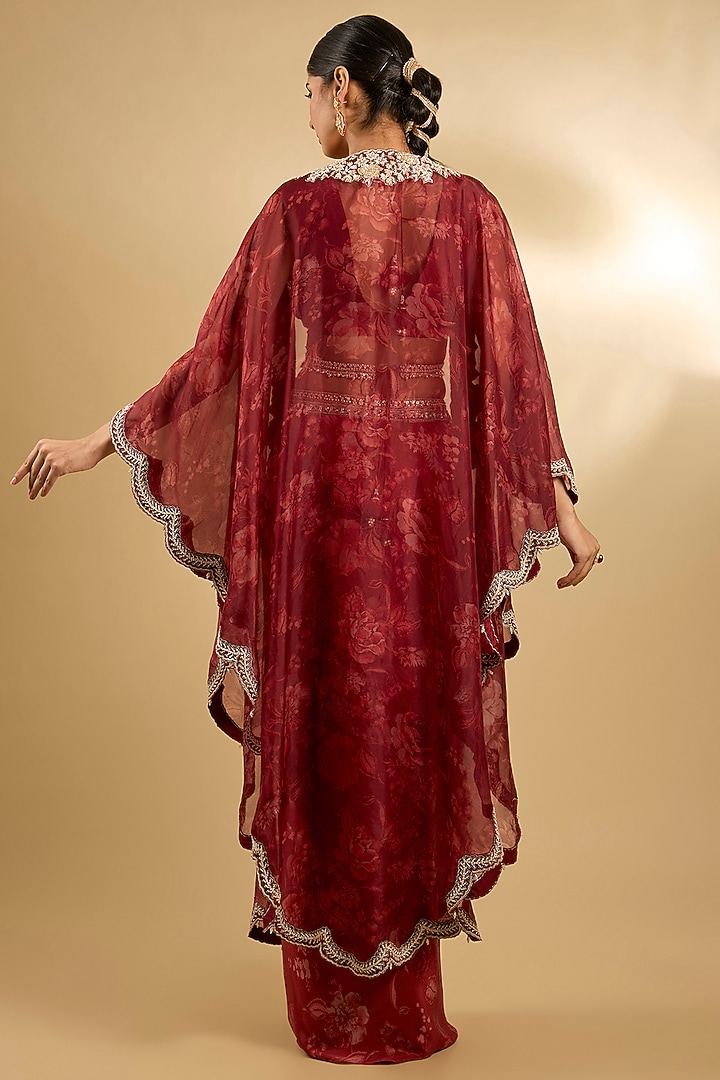 Red Pure Silk Organza Floral Printed Cape Set by Sana Barreja at Pernia's Pop Up Shop