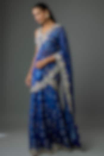 Blue Pure Organza Silk Floral Printed & Embroidered Pre-Draped Reception Saree Set by Sana Barreja at Pernia's Pop Up Shop