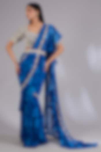 Blue Chiffon Draped Wedding Saree Set by Sana Barreja at Pernia's Pop Up Shop