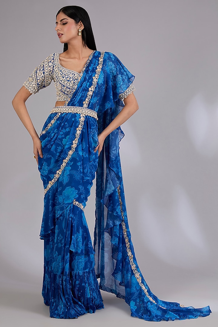 Blue Chiffon Draped Wedding Saree Set by Sana Barreja at Pernia's Pop Up Shop