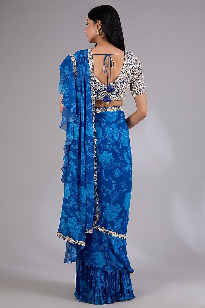 Blue Chiffon Draped Wedding Saree Set by Sana Barreja at Pernia's Pop Up Shop