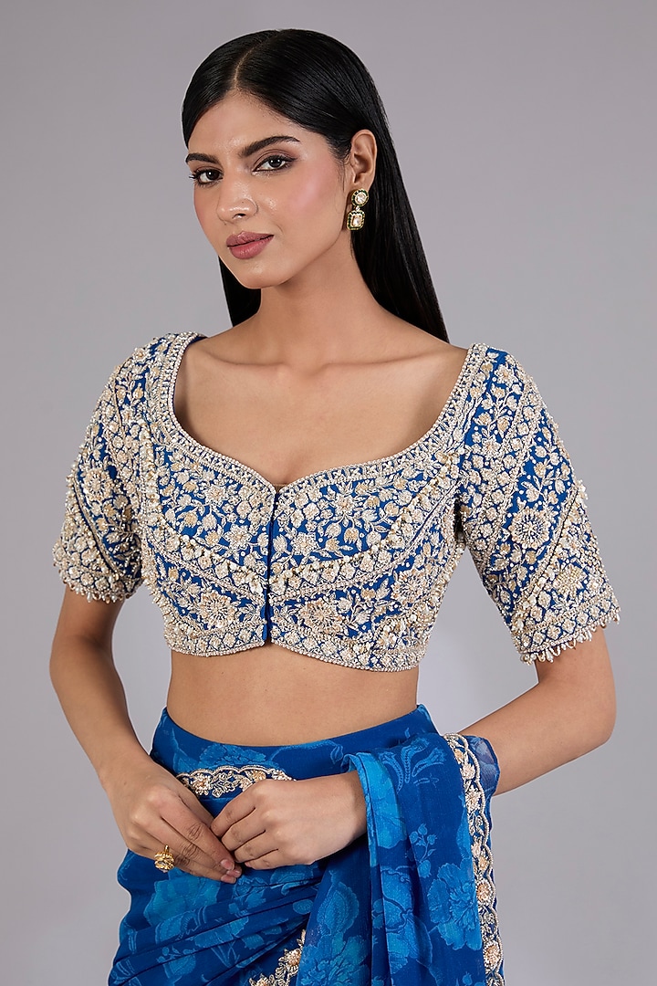 Blue Chiffon Draped Wedding Saree Set by Sana Barreja at Pernia's Pop Up Shop
