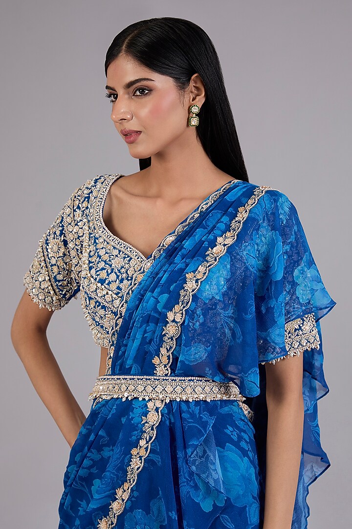 Blue Chiffon Draped Wedding Saree Set by Sana Barreja at Pernia's Pop Up Shop