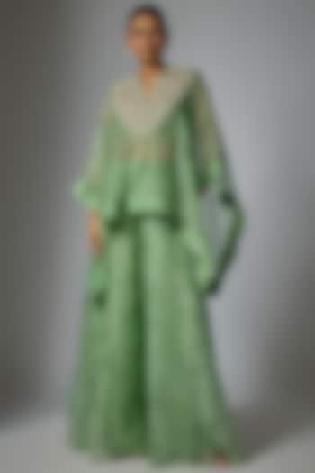 Pista Green Pure Silk Chanderi Floral Printed Wedding Sharara Set by Sana Barreja at Pernia's Pop Up Shop