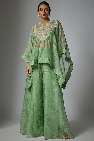 Pista Green Pure Silk Chanderi Floral Printed Sharara Set by Sana Barreja