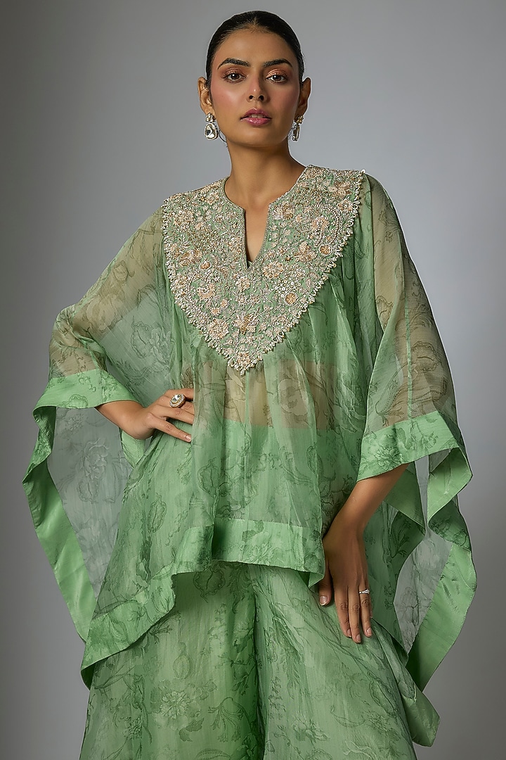 Pista Green Pure Silk Chanderi Floral Printed Wedding Sharara Set by Sana Barreja at Pernia's Pop Up Shop