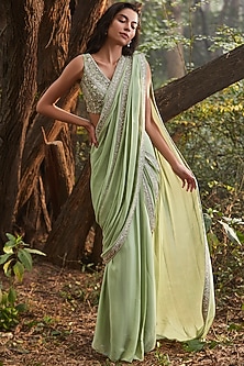 Mint Green Georgette Hand Embroidered Pre-Stitched Saree Set by Sana Barreja-SORBET HUES