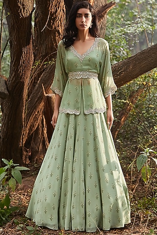 Mint Green Hand Embroidered Lehenga Set by Sana Barreja