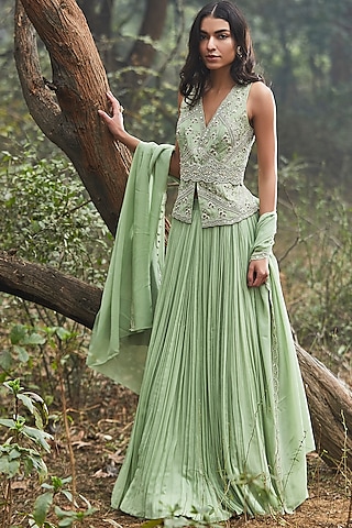 Mint Green Hand Embroidered Lehenga Set With Belt by Sana Barreja