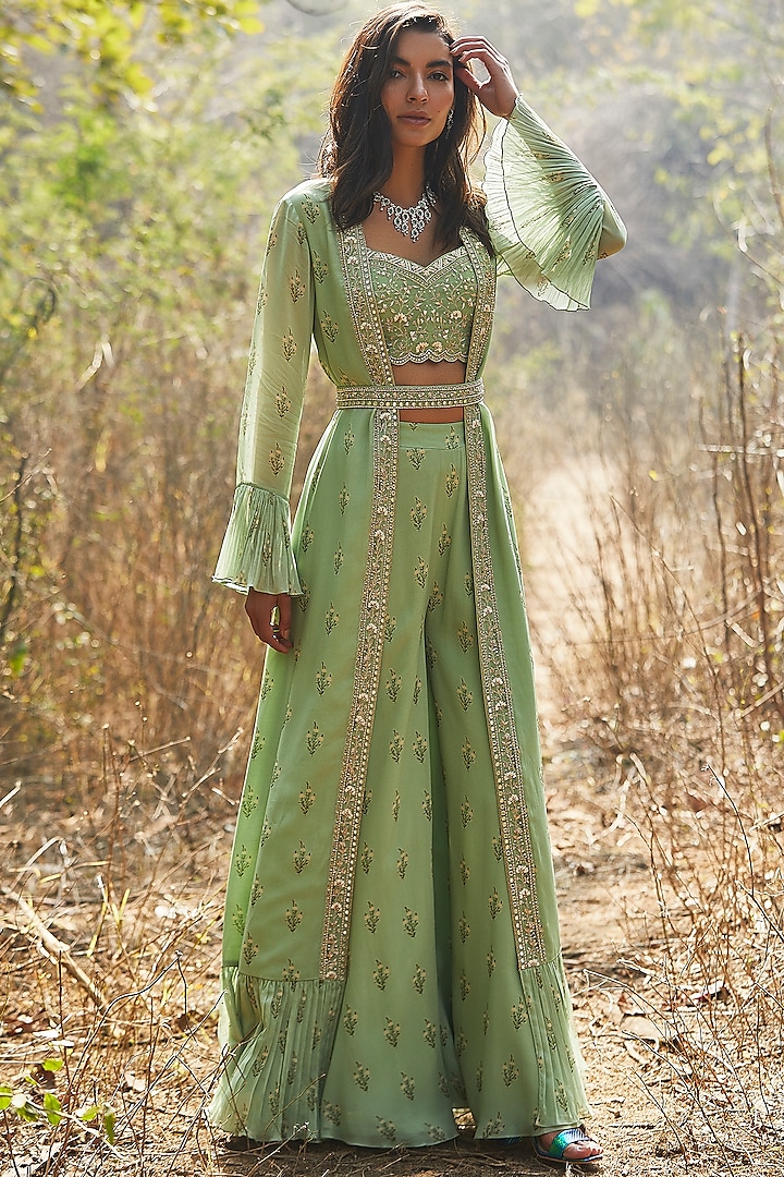 Mint Green Hand Embroidered Sharara Set by Sana Barreja