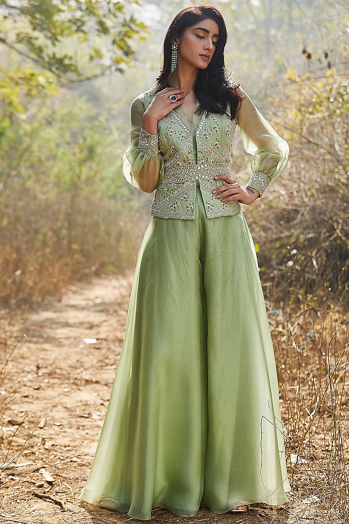 Mint Green Hand Embroidered Sharara Set With Belt by Sana Barreja