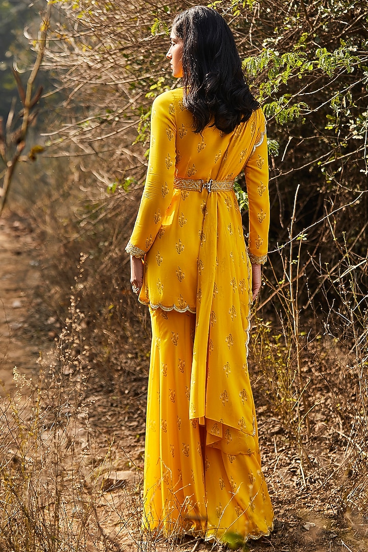 Yellow Georgette Lily Printed & Hand Embroidered Gharara Set by Sana Barreja at Pernia's Pop Up Shop