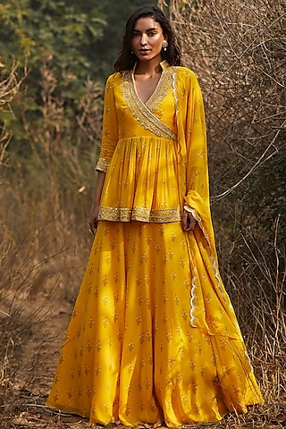Yellow Hand Embroidered Lehenga Set by Sana Barreja
