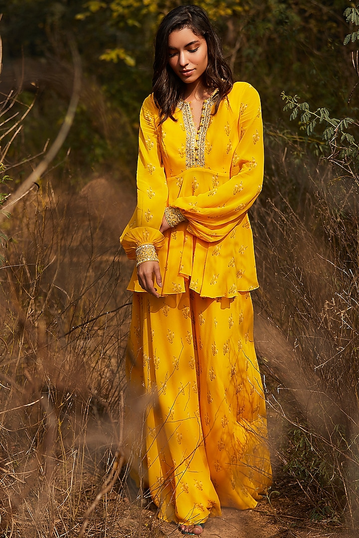 Yellow Hand Embroidered & Printed Sharara Set by Sana Barreja