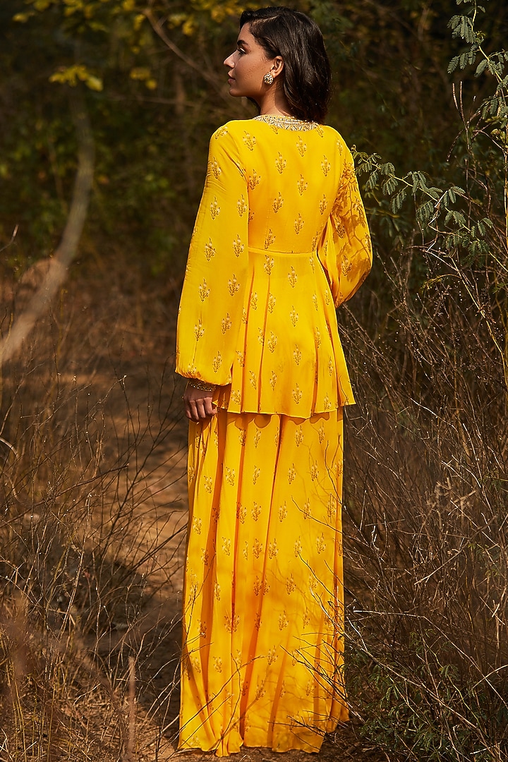 Yellow Hand Embroidered & Printed Party Wear Sharara Set by Sana Barreja at Pernia's Pop Up Shop